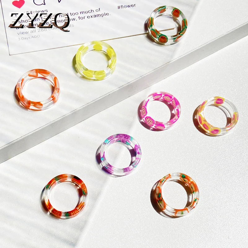 ZYZQ Fashion Hot Selling Resin Cartoon Printing Ring Exquisite Jewelry Wholesale Color Acrylic Sweet Flower Fruit for Women