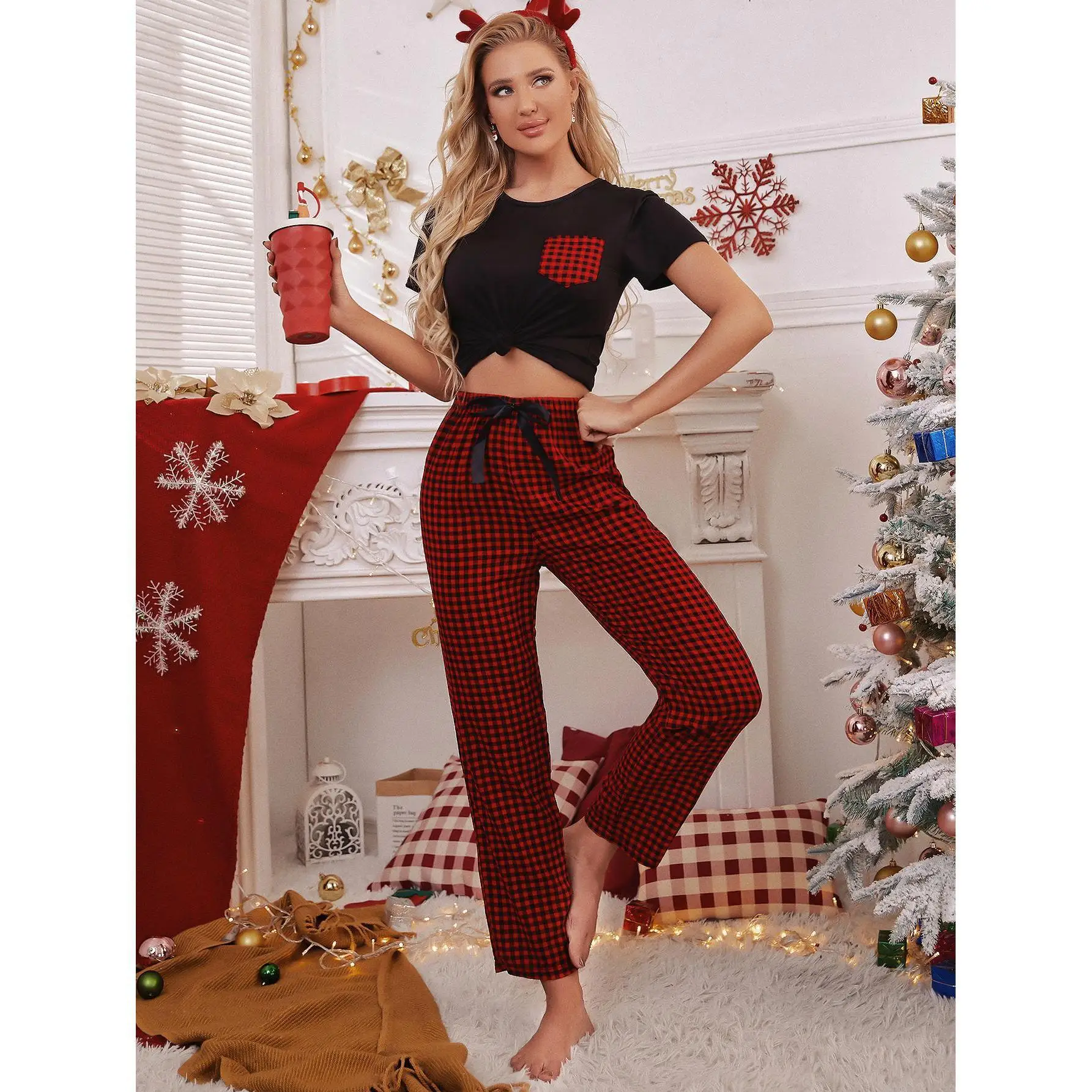 Women Girls Christmas Pajamas Lovely Sleepwear Short-Sleeve Spring WInter Pyjamas Set Plaid Dyed Round Neck Nightwear