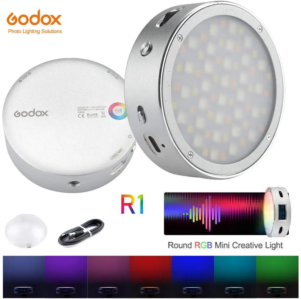 

Кольцевой мини-светильник GODOX R1 RGB, Креативный светодиодный светильник со встроенной подсветкой для смартфона Viedo, светильник камеры, освеще...