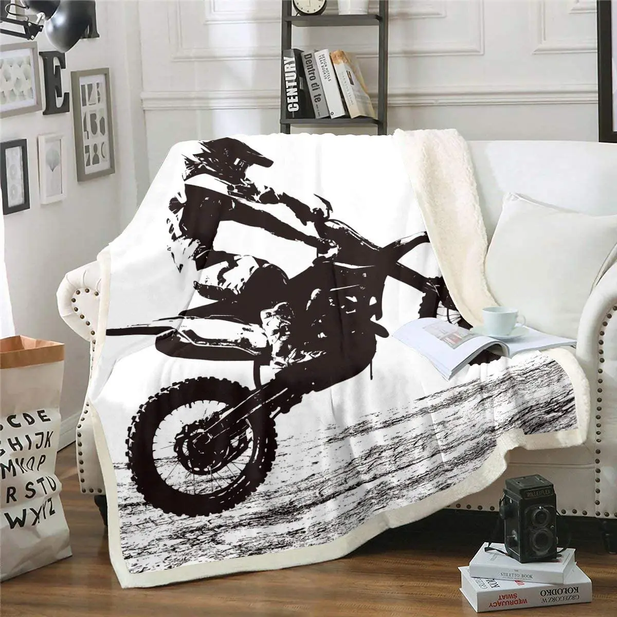 

Teens Dirt Bike Sherpa Blanket Motocross Rider Throw Blanket for Kids Boys Girls Plush Bed Blanket Extreme Sport Fuzzy Blanket