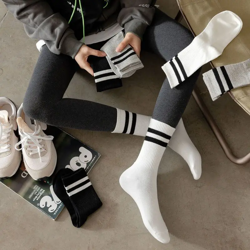 

Long Socks Shark Pants with Socks Female Black and White Outer Wear Mid-tube Socks Spring and Autumn Student Sports Stockings