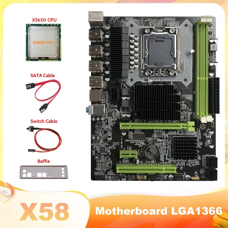 

HOT-X58 материнская плата LGA1366, материнская плата для компьютера, поддерживает память DDR3 ECC с процессором X5650 + кабель SATA + кабель переключателя