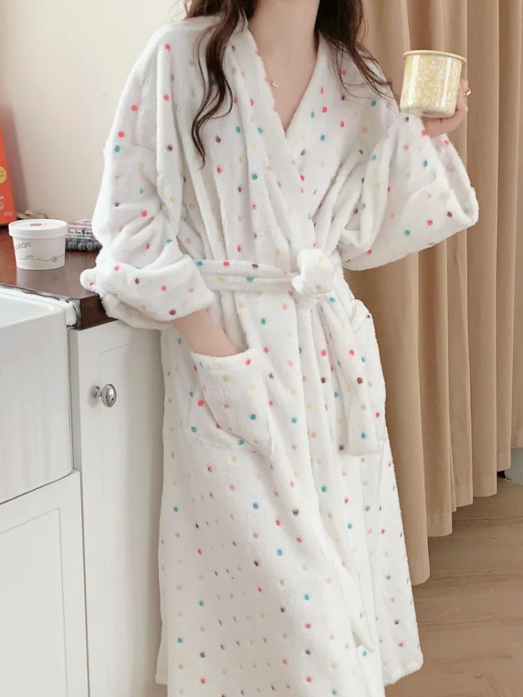 

Пушистые халаты для женщин, зимний банный халат, пижама в разноцветный горошек, длинный халат, теплый халат-кимоно, пушистая домашняя одежда