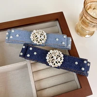 korean 2022 new blue cloth denim crystal pearl barrettes hair clips for women fashion hair accessories bowknot hairpins