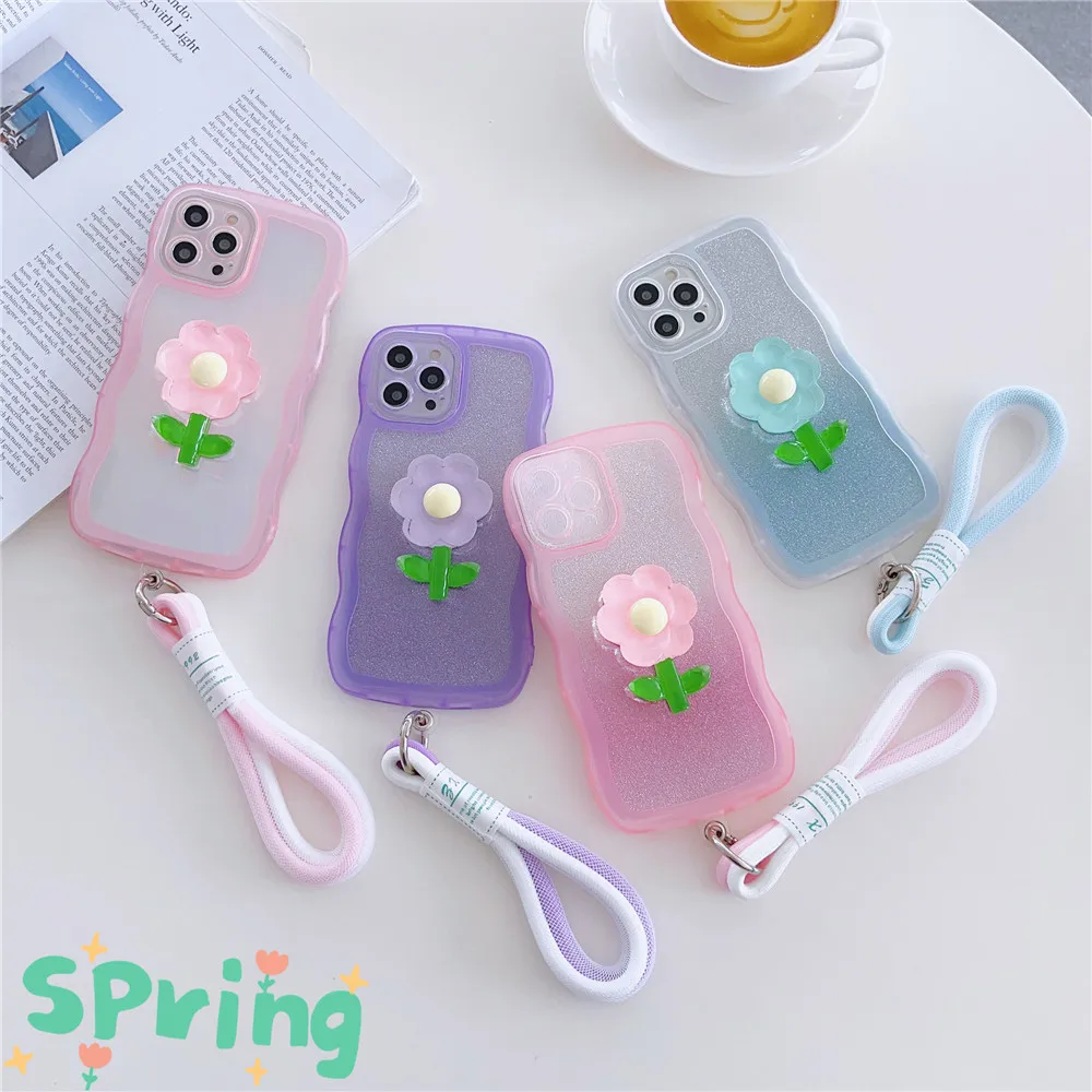 

Candy Wave Bumper Glitter Flower Lanyard Strap Phone Case For iPhone 14 11 12 13 Pro Max Case X XS Max XR 7Plus 8Plus Soft Cover