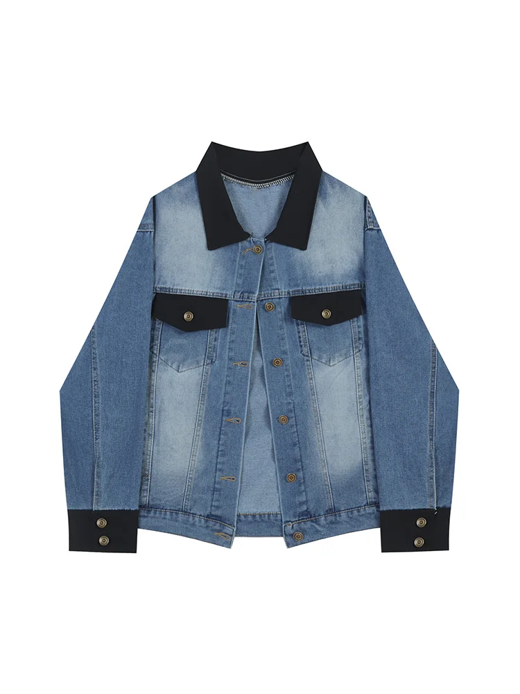 

Vintage Women Jacket 2022 Autumn Winter Denim Jackets Washed Blue Jeans Coat Turn-down Collar Outwear Bomber Jacket