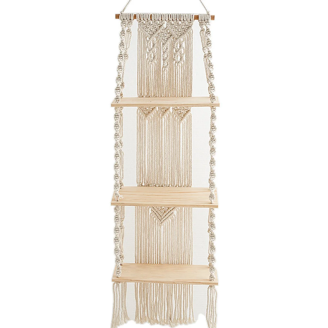 

Настенная подвесная полка-Макраме в стиле бохо, трехуровневый Плетеный деревянный Органайзер ручной работы, настенная вешалка с плавающим...