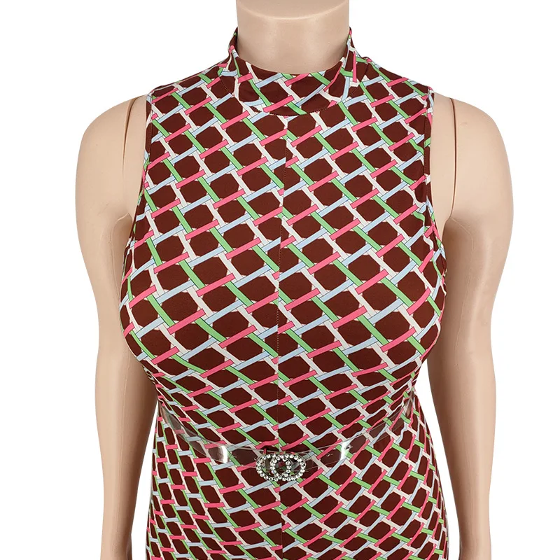 Plus Size One Piece Women Clothing Plaid Sleeveless Belt Casual Outfit Lady Wide Leg Pants 2023 Spring Female Fashion Jumpsuit