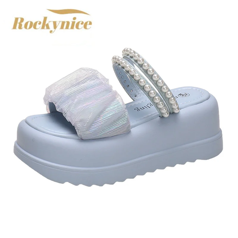 New 2023 Pearl Strap Chunky Sandals Women Summer High Platform Wedges Slippers Woman Fashion 7CM Heels Thick Bottom Beach Slides