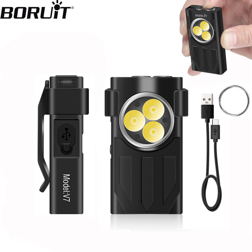 BORUiT V7 Mini LED Flashlight Portable Keychain Torch 10 Modes Type-C Rechargeable Work Light With Magnet UV Camping Lantern