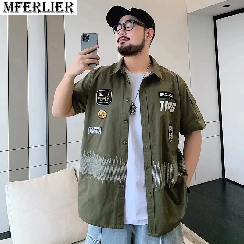 

summer men fashion chic shirts short sleeve army green letter shirt plus size 6XL 8XL loose skateboard shirts high street 54