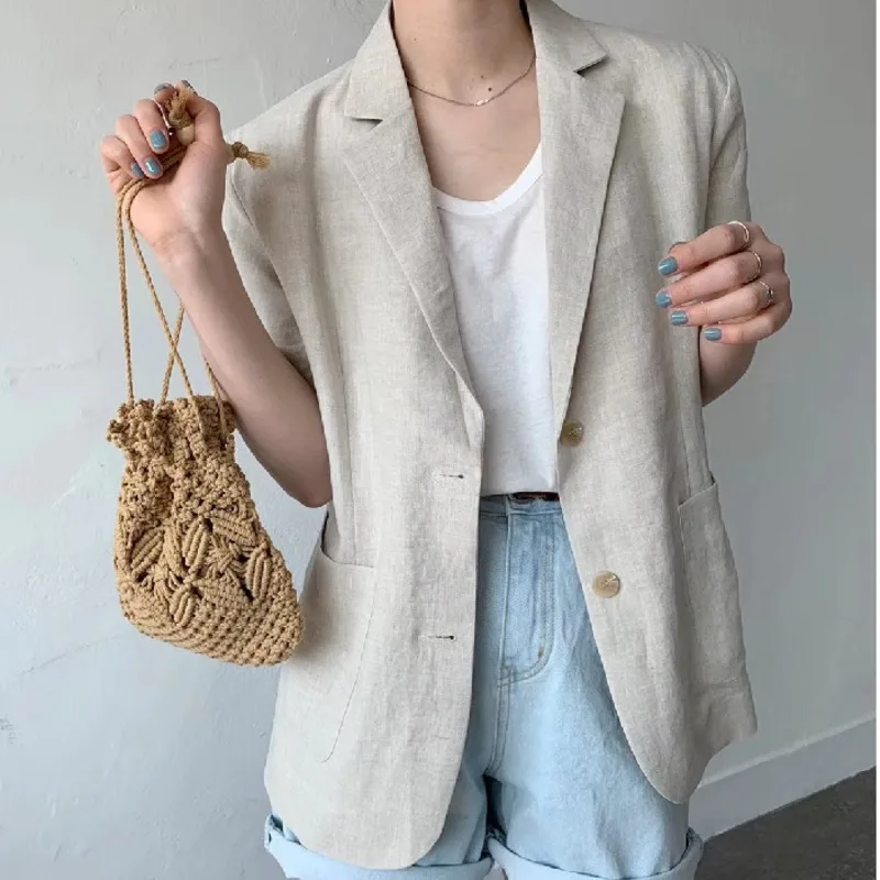 Korean Fashion Minimalism Womne Black Casual Linen Blazer New Notched Short Sleeve Loose Fit Jacket Coat Tide Spring Summer 2021