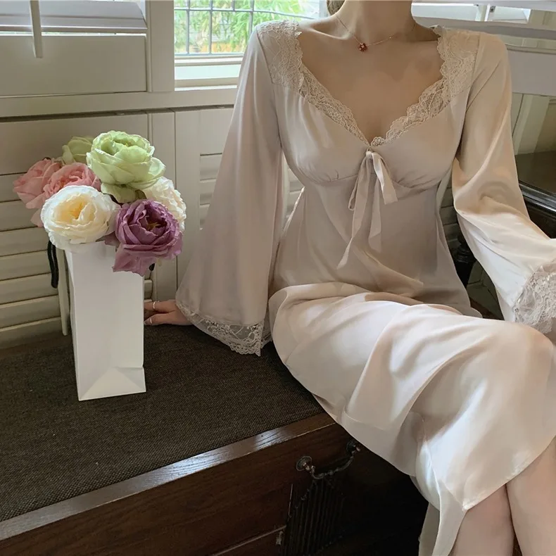 Women's Elegant Nightgown French Style Lace Ladies Summer Long Sleeve Night Dress Solid Bow Sexy Homewear Nightdress For Female