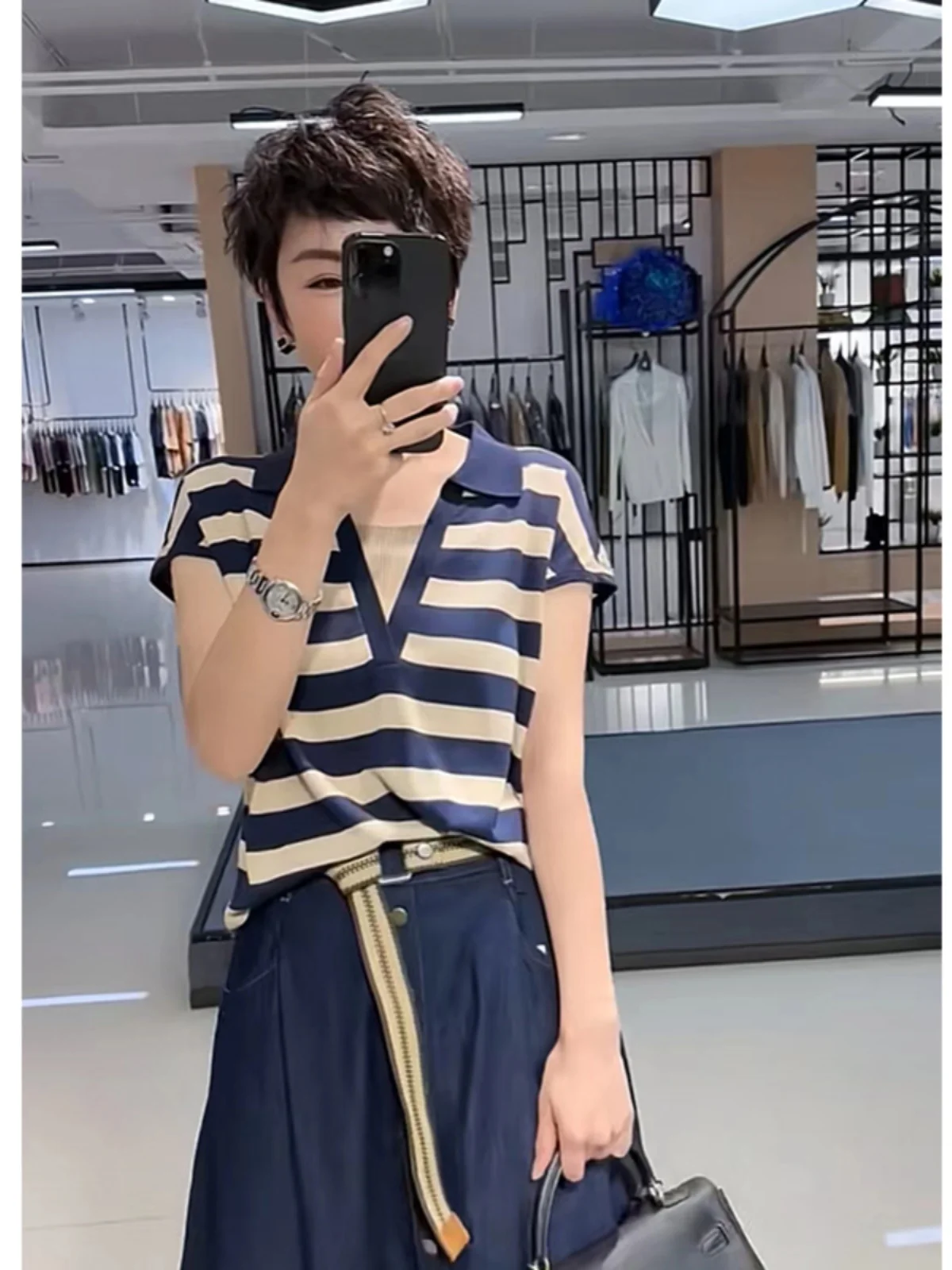 Модная вязаная женская летняя футболка в полоску из ледяного шелка новая