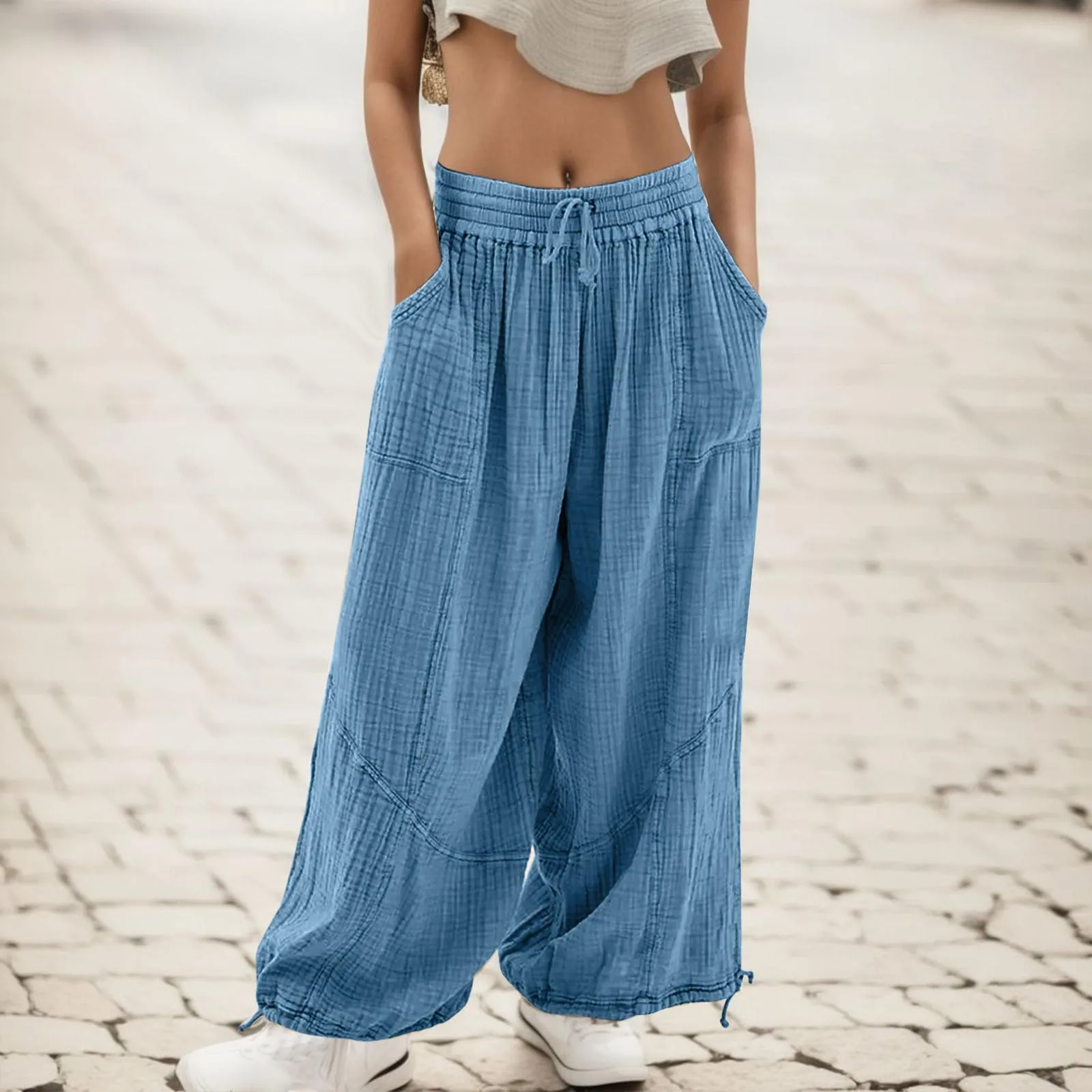 

Urban Leisure Larger Size Women Pants Elastic Belt High Waist Long Wide Leg Pants Solid Loose Linen Trousers Female Clothing