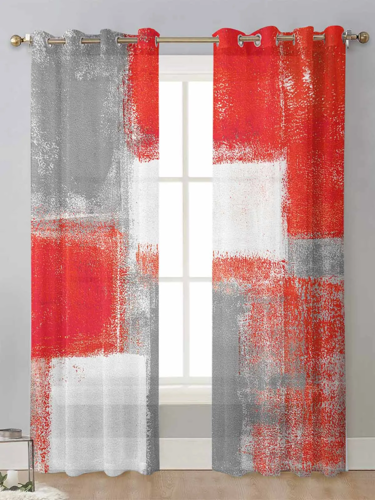 

Red Grey White Oil Painting Abstract Geometric Sheer Curtains Living Room Window Voile Tulle Curtain Cortinas Drapes Home Decor