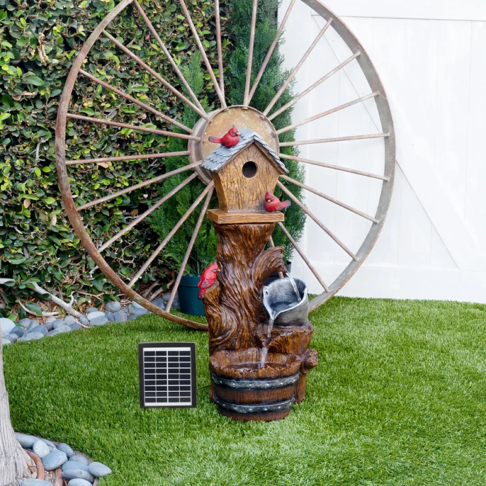 

Alpine Corporation 13" x 32" Solar-Powered Cascading Barrel Fountain with Birdhouse, Brown