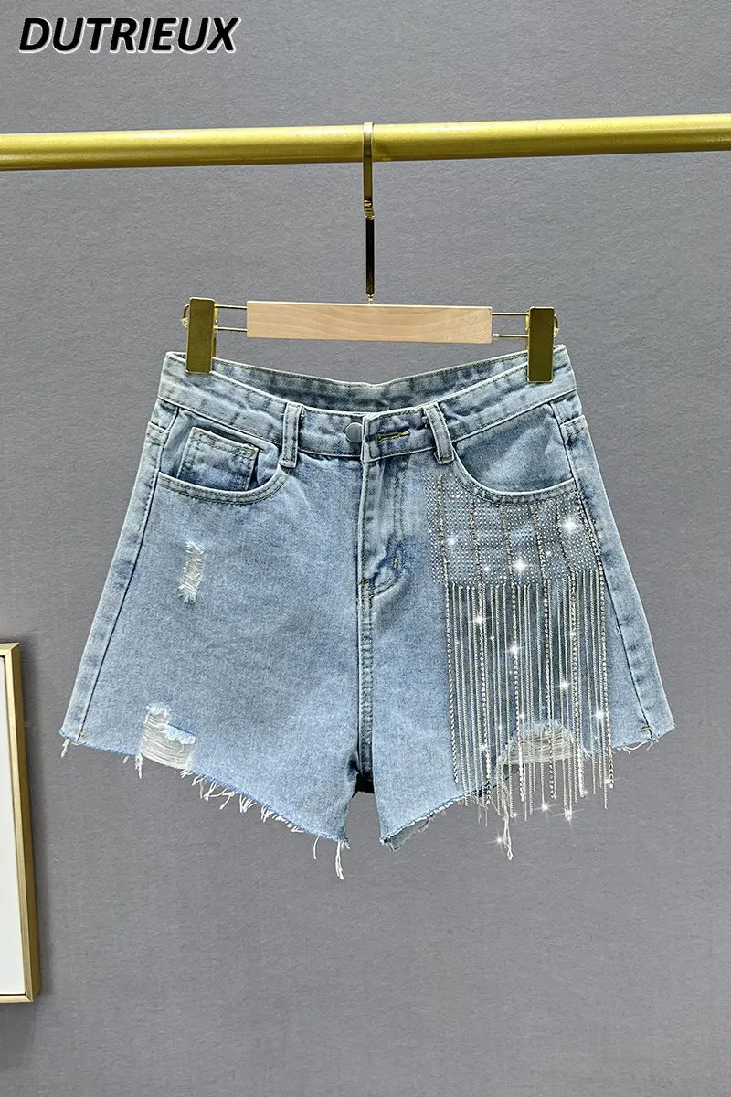 Women's Denim Shorts Fashionable 2023 New High Waist Slimming Diamond-Embedded Ripped Shorts Wide Leg Pants Fashion Hot Pants