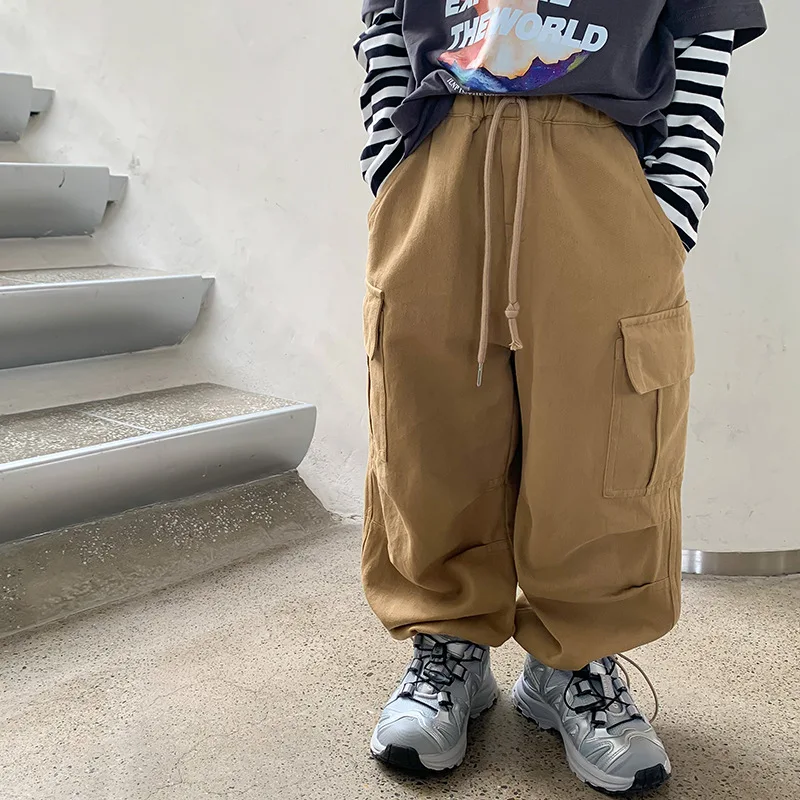 

Осенние однотонные брюки-карго для мальчиков и девочек, 4 цвета, свободные детские повседневные брюки в Корейском стиле