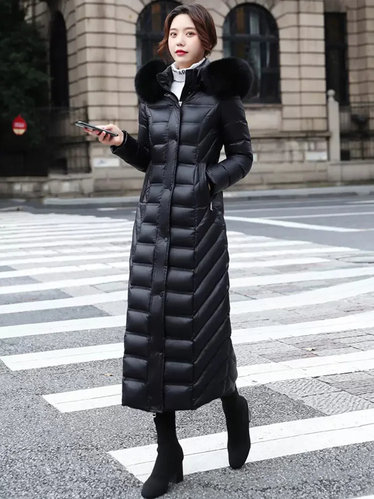 New Women Wash Free Glossy Surface Down Coat Winter Fashion Hooded Genuine Fox Fur Collar Thicken Warm Down Jacket Ankle-Length
