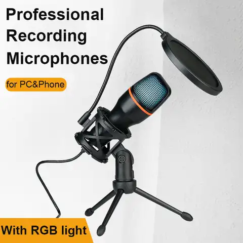 Конденсаторный микрофон RGB, проводной настольный микрофон с разъемом USB и штативом для записи видео и прямых трансляций, микрофон для конфер...
