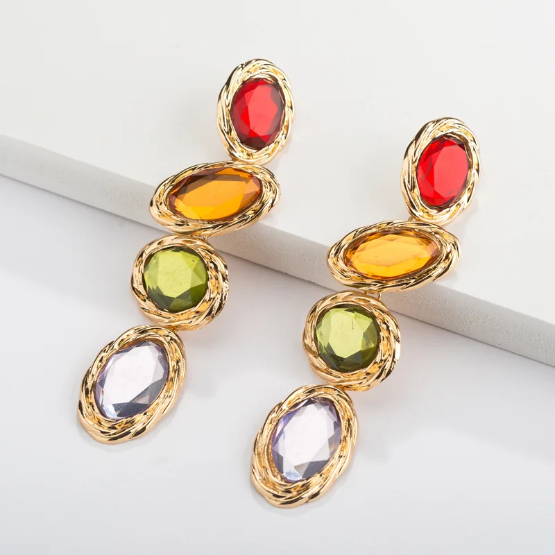 

Multicolor Gemstone Inlaid Earrings for Women Oval Colored Zircon Alloy Pendant for Women Luxurious Exaggerated Earrings