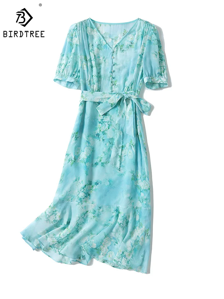 

Женское шелковое платье Birdtree, модное элегантное платье с v-образным вырезом и рукавами-фонариками и цветочным принтом на лето и осень, D38492QM