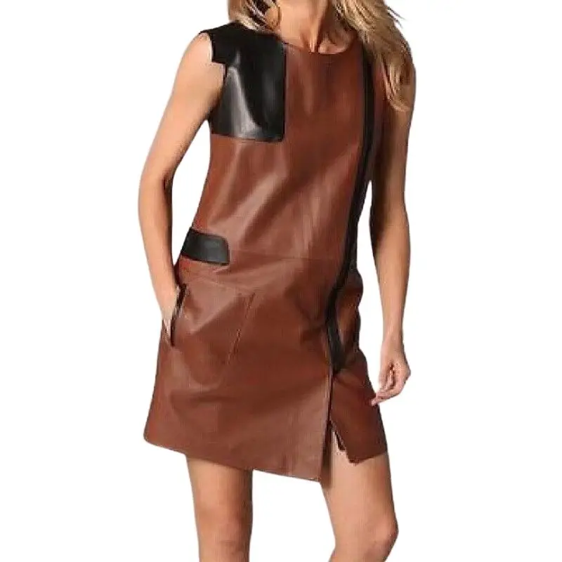 Women Zipper Dress 100% Genuine Lambskin Leather Party Casual Club Dress