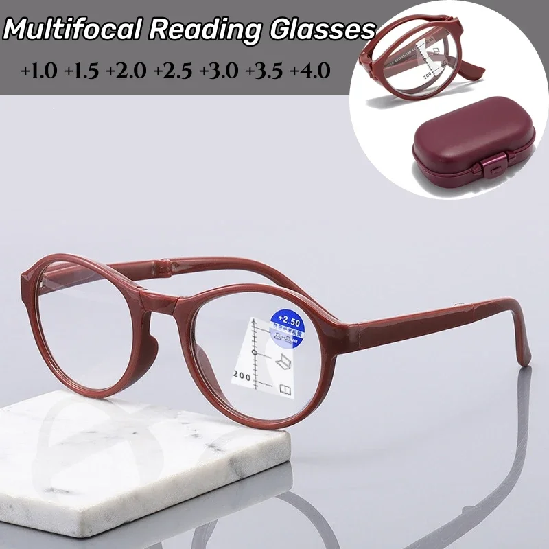 

Fashion Progressive Multifocal Reading Glasses Portable Folding Anti-Blue Light Bifocal Near Far Sight Eyewear with Plastic Box