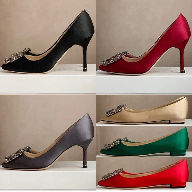 

Classic diamond-tipped satin style high-heeled single female buckle shallow small flat bridesmaid wedding shoes