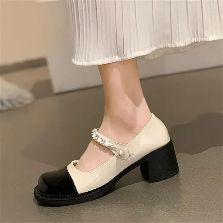 

2022 Platform Heels Shoes Chunky Sandals Lace-Up Round Toe Brief Pumps Latest Slip On Footwear Mary Jane Shallow Mouth Block Gol