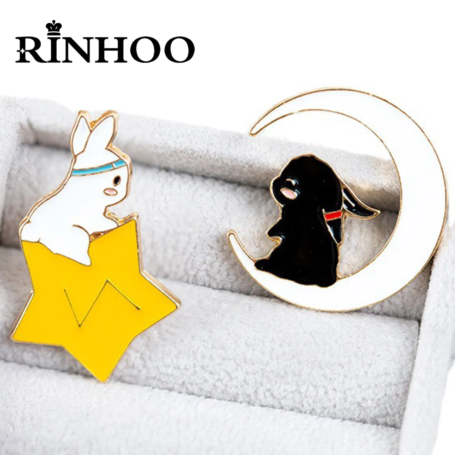 

Rinhoo Cartoon Cute Animals Rabbit Enamel Pins Black White Rabbit Star Moon Metal Brooches Bag Cloth Lapel Badge Couple Jewelry