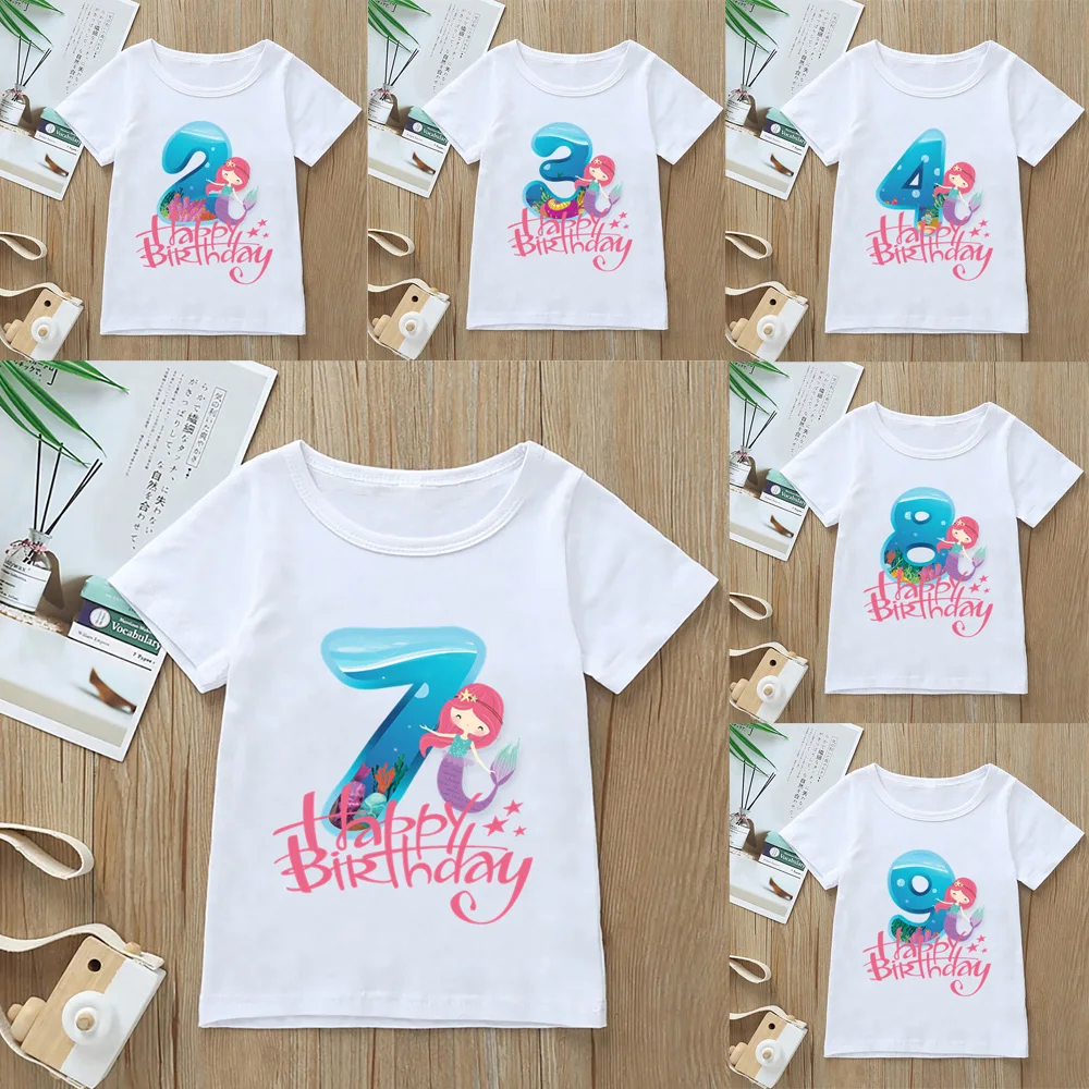 1-9 Years Happy Birthday Mermaid Graphic Print Children T-shirt  Cartoons Girls Clothing Fashion Kawaii Tees Tops,Drop Ship
