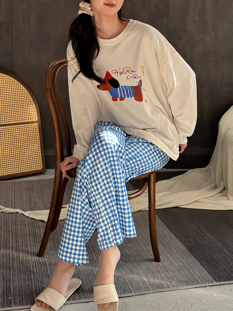 2024 New Japan fashion Pajamas Women Spring and Autumn Pure Cotton Puppy Long sleeve Plaid Pants Can Be Worn outside Homewear...