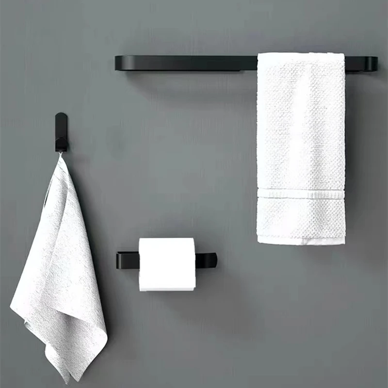 

Черный комплект оборудования для ванной комнаты, алюминиевый держатель для туалетной бумаги, настенные кухонные принадлежности без гвоздей, вешалка для полотенец, одинарный крючок, вешалка для салфеток