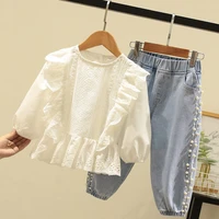 lzh toddler girls set 2022 autumn children clothes fashion lace top pearl jeans two piece outfits for 3 8 years kids clothing