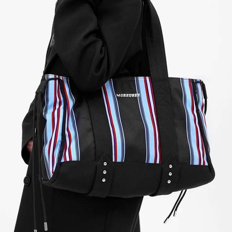 

Japanese Large Capacity Underarm Tote Bag 2023 New Striped Canvas Shoulder Bags Y2k Vintage Korean Fashion Messenger Bag