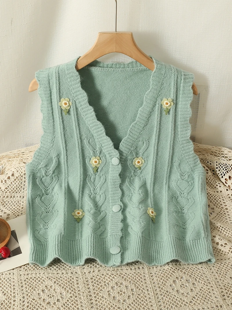Женская модель милый жилет с цветочной аппликацией и V-образным вырезом весенние