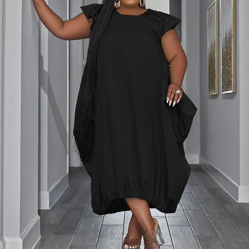 Fashion Round Neck Solid Color 3/4 Lotus Leaf Sleeve Plus Size Women's Clothing Double Pockets Loose Streetwear Irregular Dress