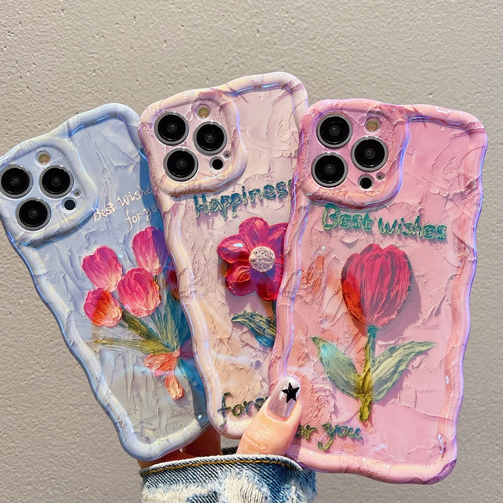 Модный Лазерный чехол для iPhone 14 Pro Max с синими цветами тюльпана роскошный