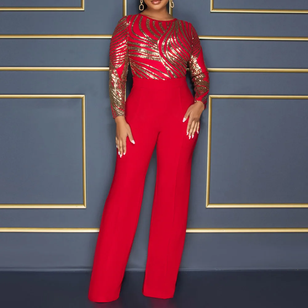 

Комбинезон женский с широкими штанинами, Эластичный Элегантный облегающий Ромпер на молнии с длинным рукавом, офисный праздничный наряд, к...