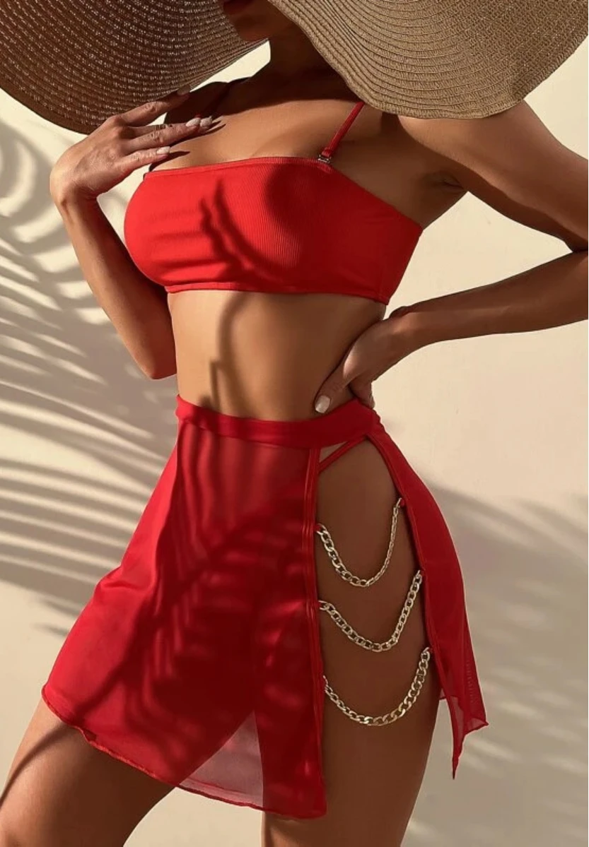 

New Bikinis Women's Split Three-piece Set Chain Sexy Solid Color Low Waist Triangle Lace Up Brazilian Bikini Bathing Suit