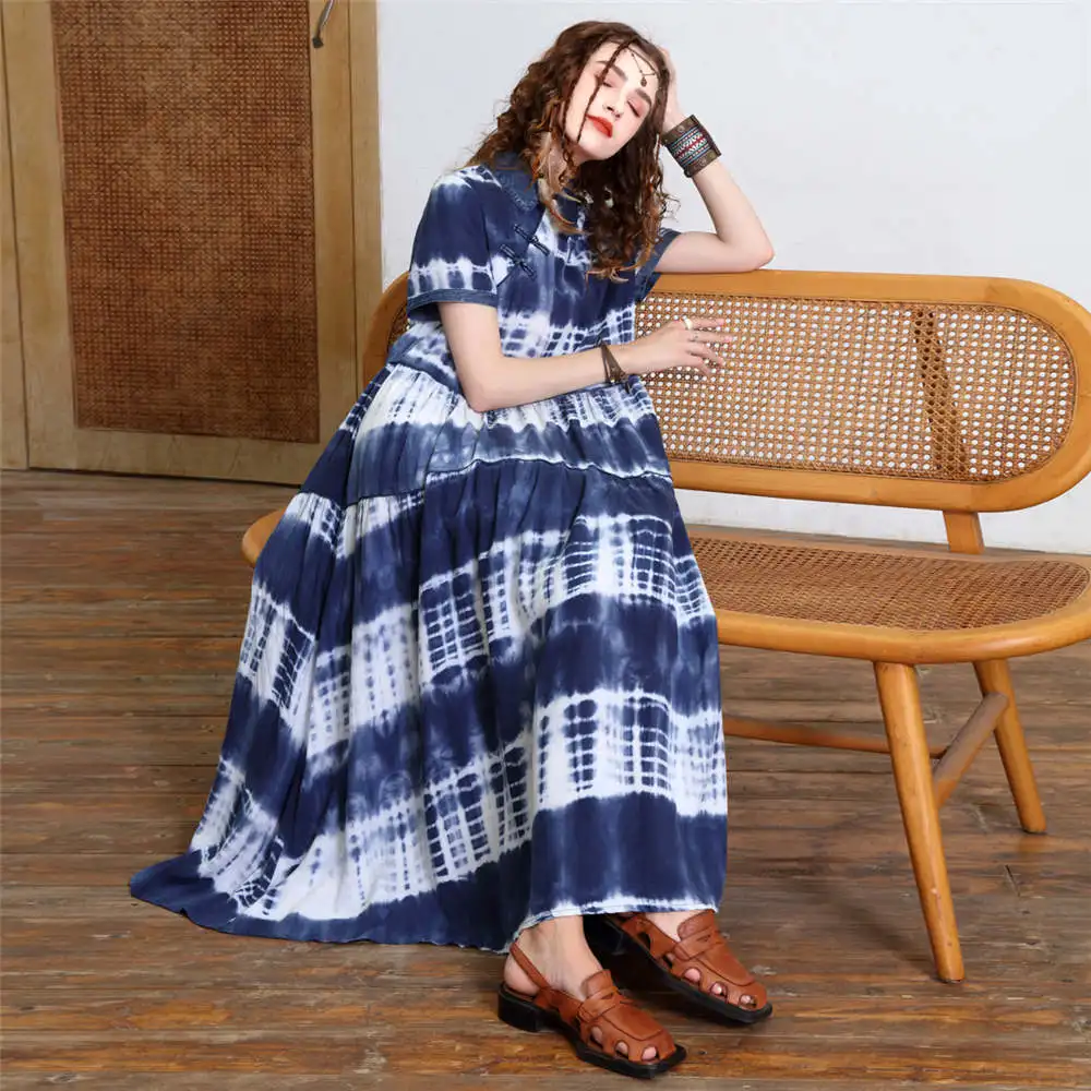 

Женское длинное платье в этническом стиле, свободное элегантное платье-макси из денима с завязкой в стиле Ципао, 2022