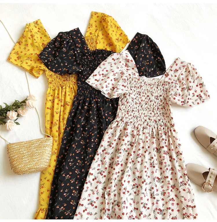 

2022 Summer Dress Women Floral Print Sexy Square Collar Elastic Waist Dresses Korean Elegant Sweet Ruffle Vestidos 25644