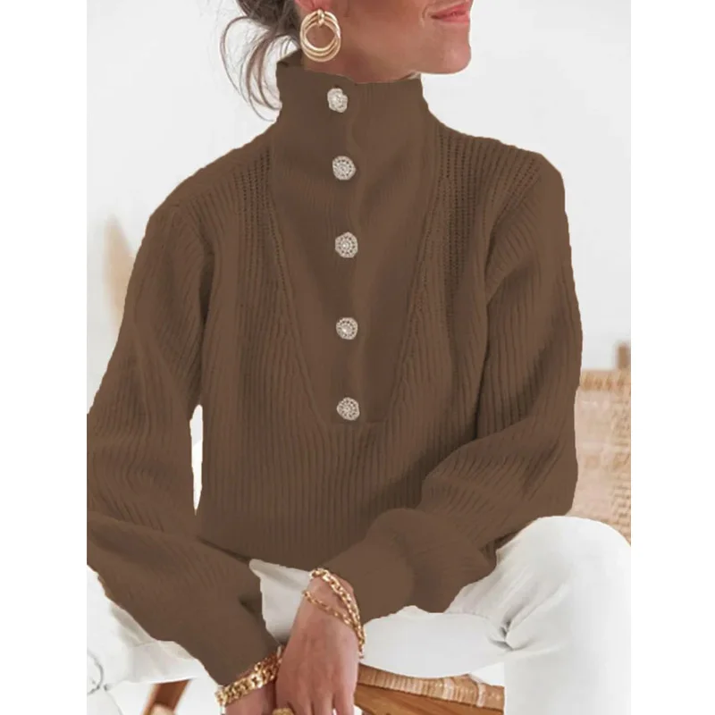 

Autumn Buttoned Stand Collar Women Sweater Elegant Solid Ribbed Knitted Sweaters Winter Long Sleeve Loose Warm Jumpers Harajuku