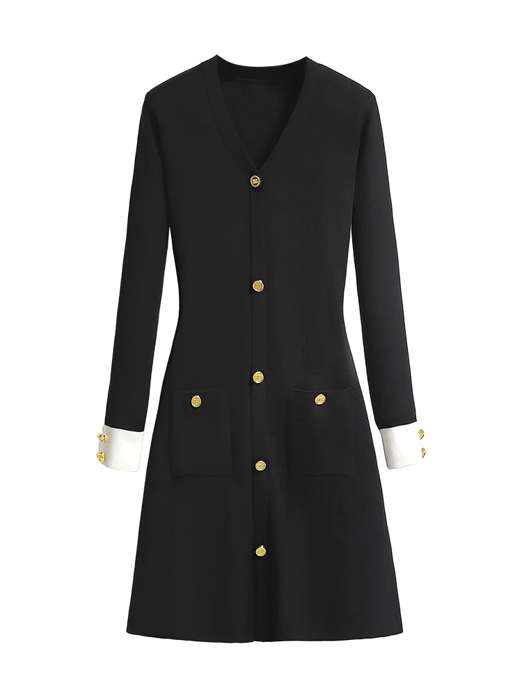 High-End Black Thickened Knitted dress Women Winter Wear 2024 Temperament V-neck Slim fit Bottoming Sweater Dress