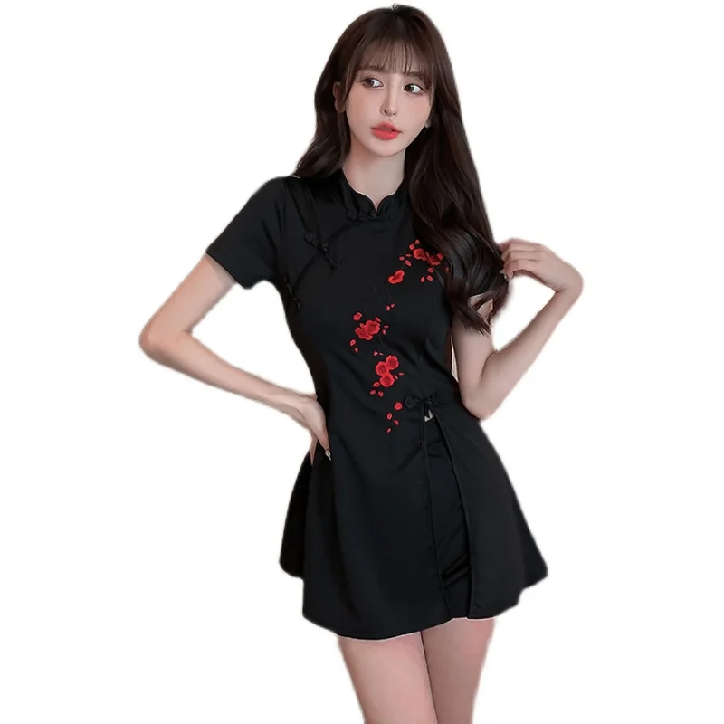 Women Chinese Style Tang Suit Red Flower Embroidery Oriental Clothing Casual Retro Fashion Cheongsam Tops Dress Pants Set images - 6