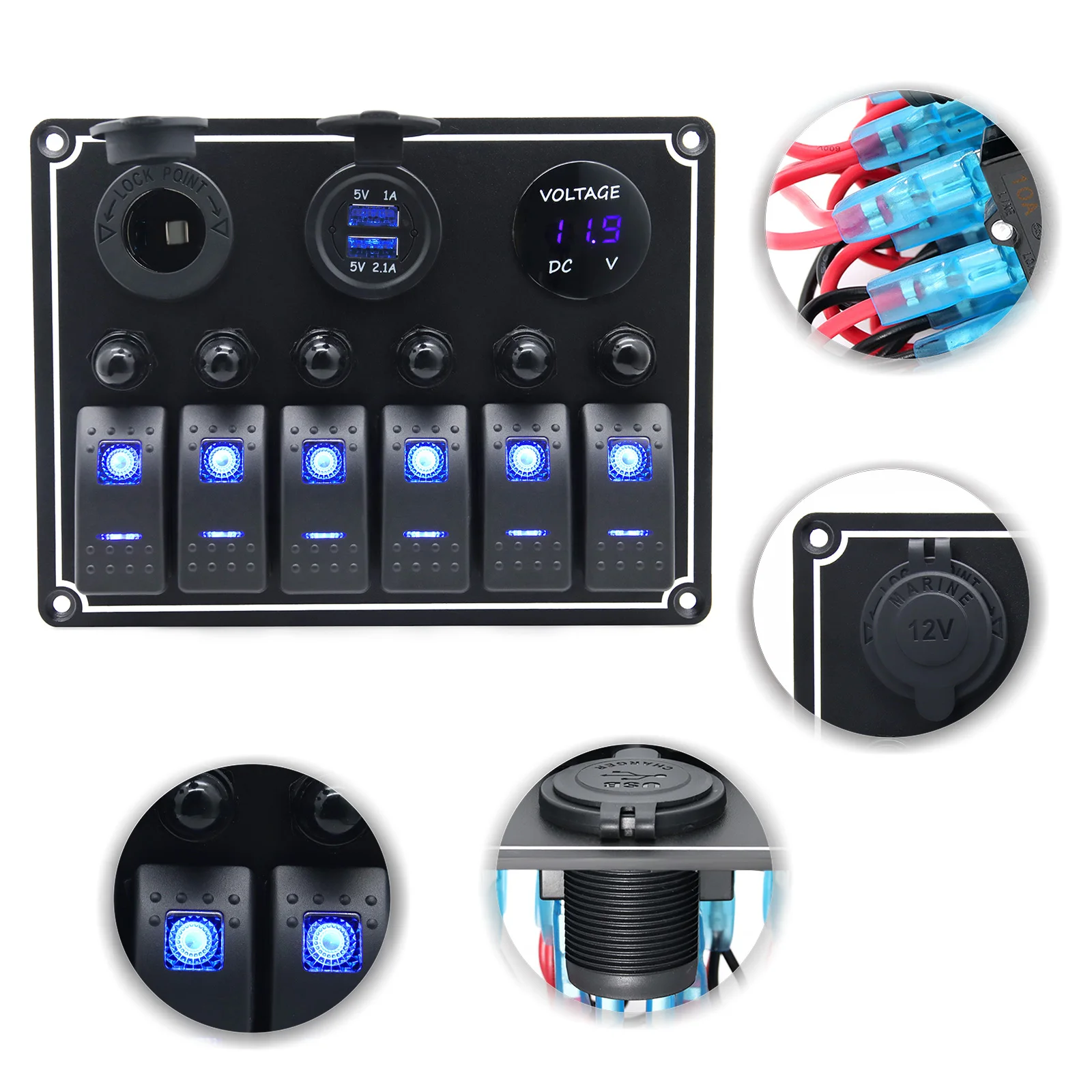 

12V/24V Dual USB Ports 4/6 Gang Rocker Switch Panel With Circuit Protect Circuit Breaker Digital Volage For Car RV Marine Boat
