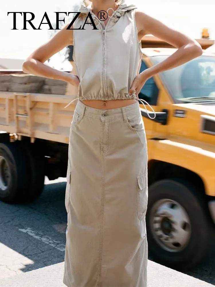 

TRAFZA Summer Casual Solid Women Midi Skirt Single Buttons Pockets Back Split Female Fashion Y2K High Waisted Skirts Slim Thin