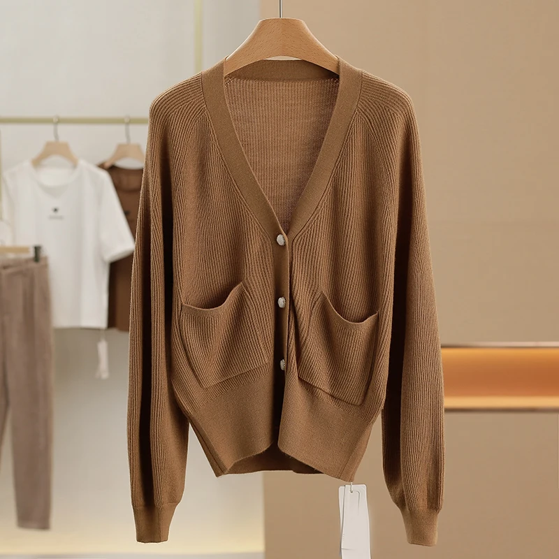 Xking [Di] Эластичный и удобный шерстяной однотонный вязаный кардиган ~ 2024 осенняя